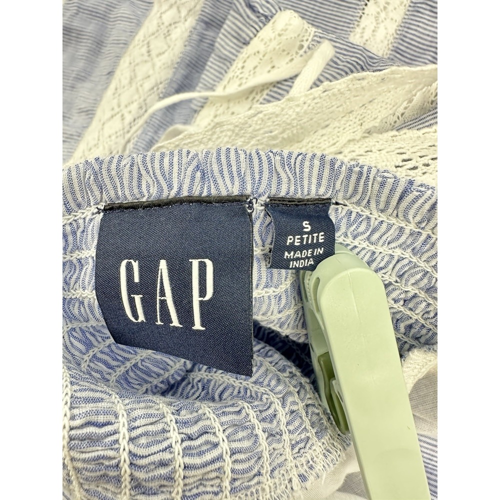 GAP Lace Trim Maxi Dress S Petite Blue Stripe Cotton Button Front Cottagecore - Picture 5 of 16